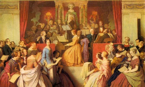 A painted room full of various men and woman, gathered around a small orchestra, wearing clothing styles from 1800s