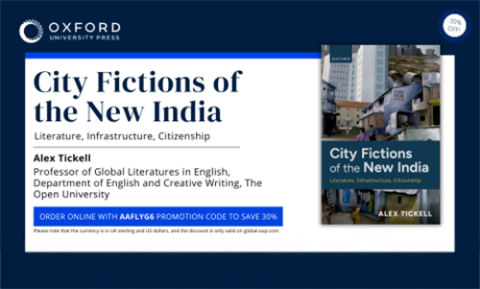 City Fictions of the New India by Alex Tickell promotional card. Including a 30% promotional code: AAFLYG6