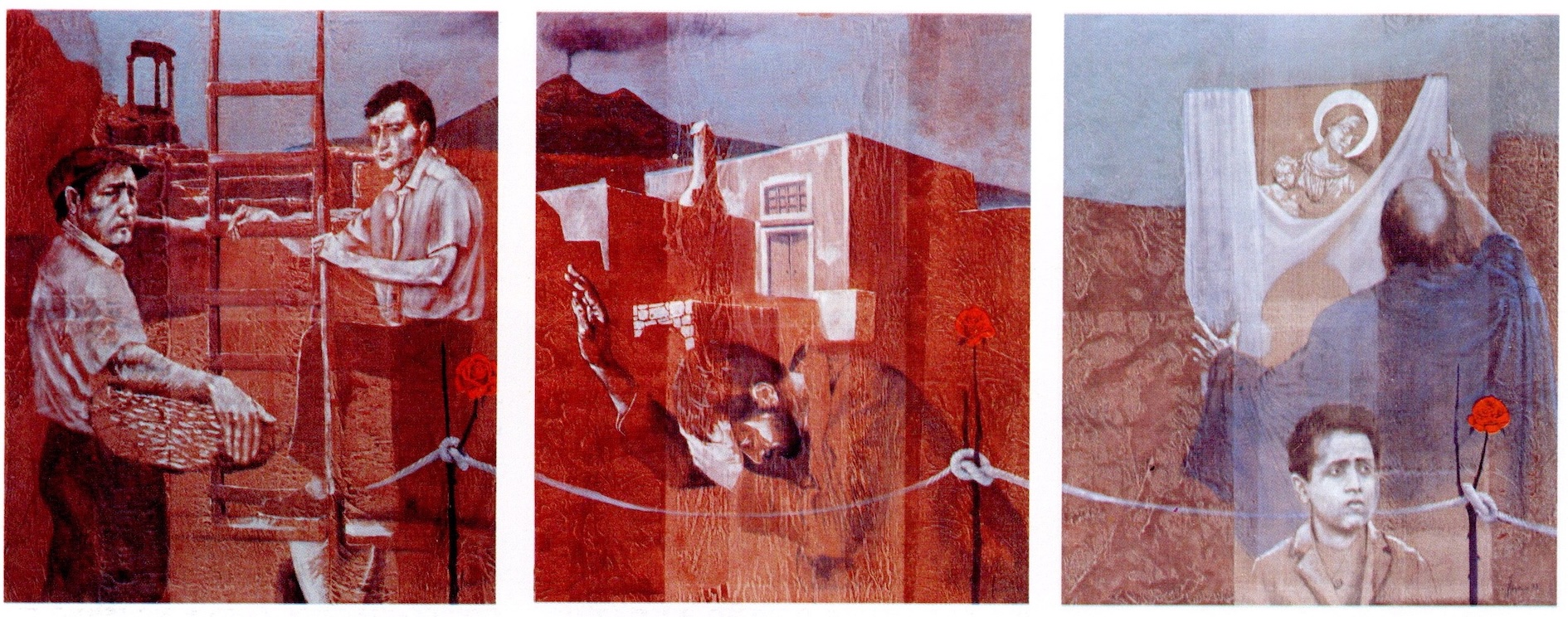 Three upright rectangular panels showing figures in a landscape. The left-hand panel shows two men amongst ancient ruins, looking out at the viewer; one holds a basket, and the other holds on to a ladder. The middle panel shows a bearded man on his knees, covering his eyes with his left hand while raising his right hand to the sky. Vesuvius is in the background. The right-hand panel shows a man from the back as he uncovers a painting of the Madonna and child. A small boy stands in the foreground, looking out of the painting towards the right.