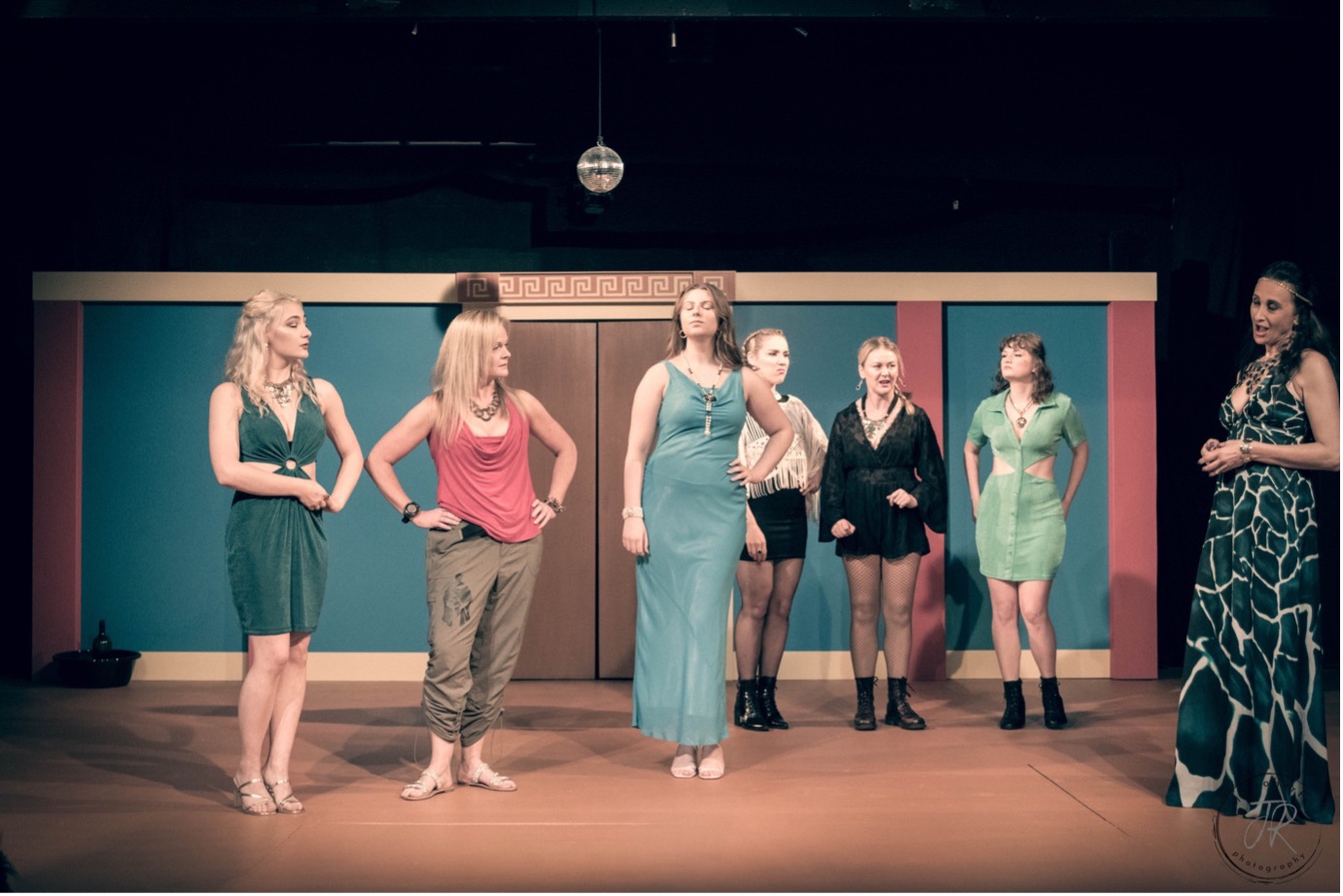 Xanthie Pagac as the Boiotian Woman, Melinda Hicks as Lampito, Leianna McCloy as the Korinthian Woman, Miranda Smith as the Second Athenian Woman, Crystal Davis as the First Athenian Woman, Grace Callaghan as Myrrhine, and Claudia Bedford as Lysistrata.