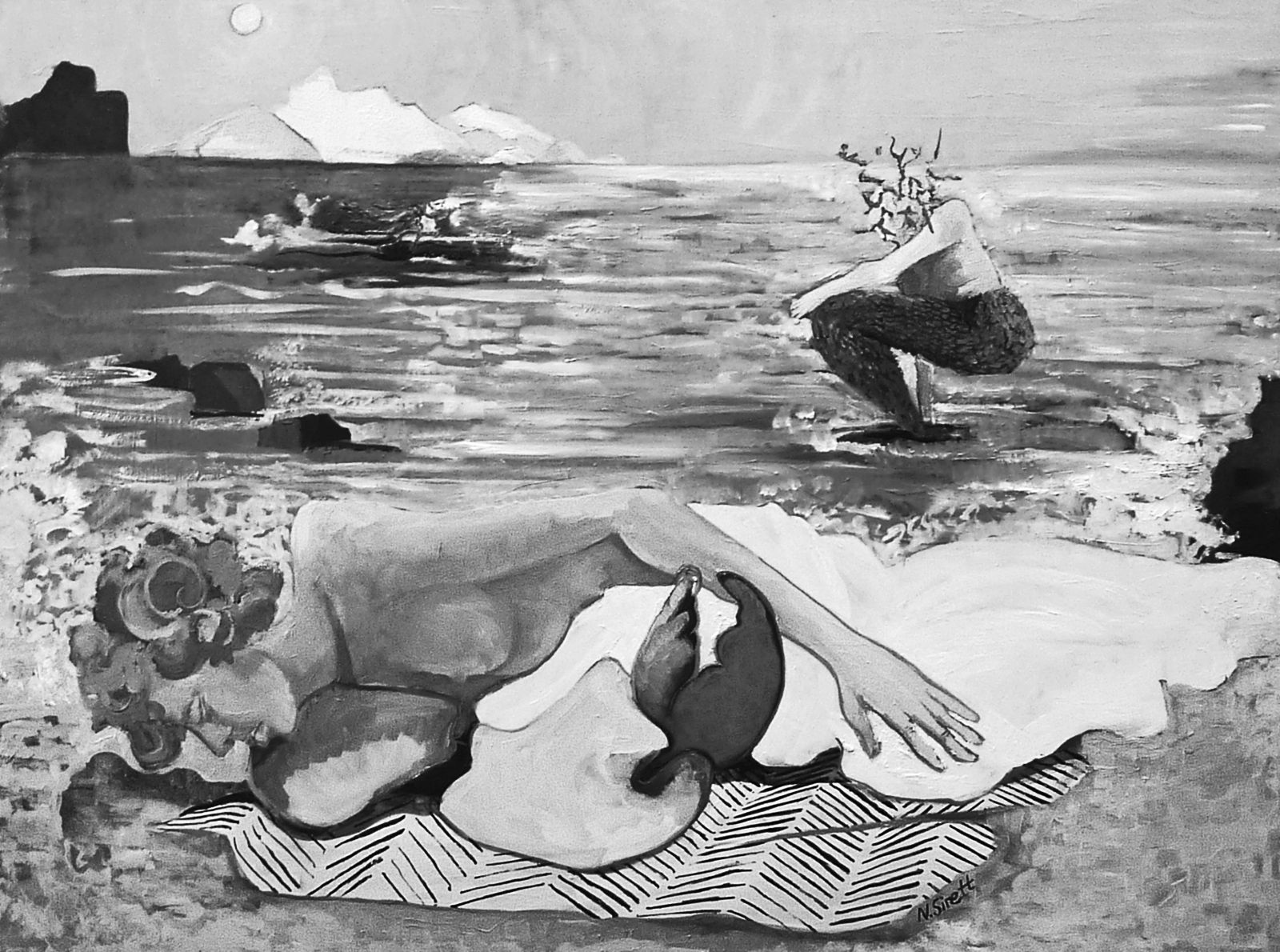 Medusa and her Sisters at the Beach, oil on aluminium 90 x 120 cm