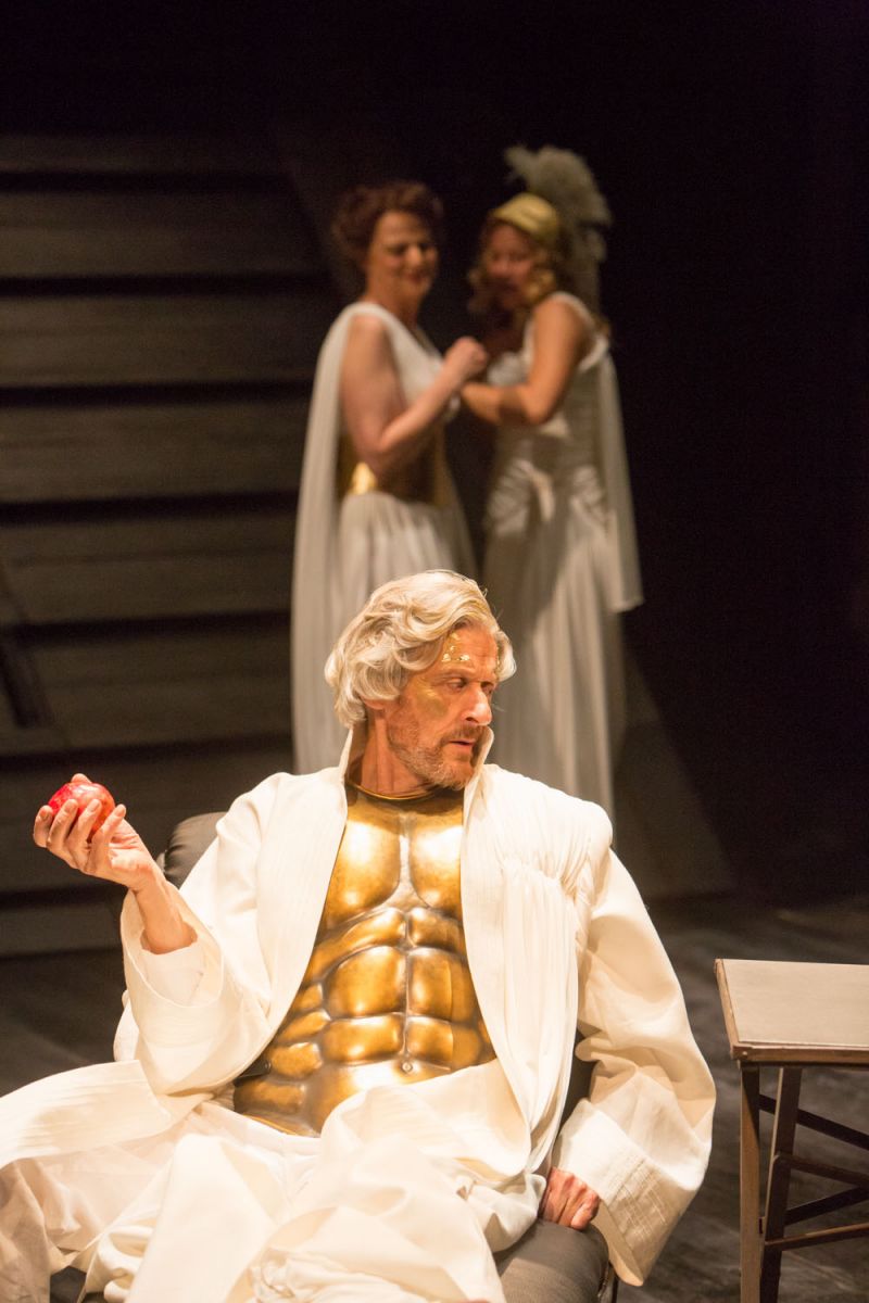 On Mount Olympus Richard Bremmer (Zeus) with Gillian Bevan (Hera) and Francesca Zoutewelle (Athene, with helmet)