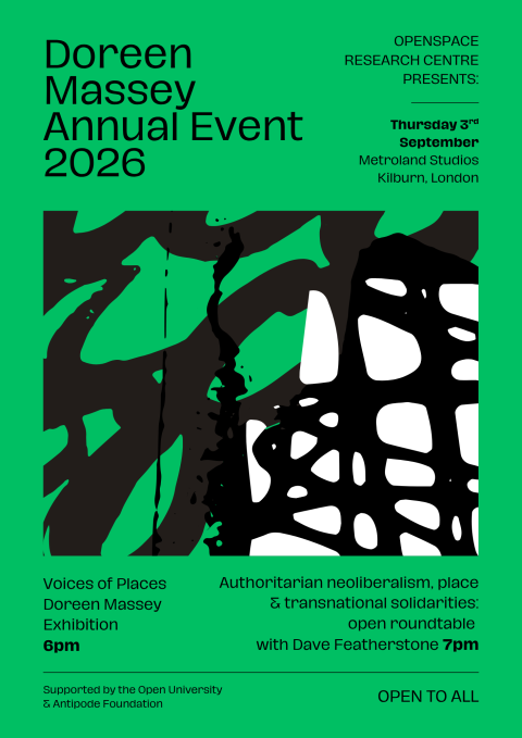 Flyer for the Doreen Massey annual event taking place from 6pm on thursday 3rd september at Metroland Cultures, Kilburn
