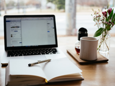 laptop, plant and notepad