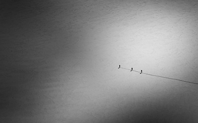 Image shows three humans walking through a landscape of snow, taken from a high angle. They look very small and overwhelmed by the vast scenery around them