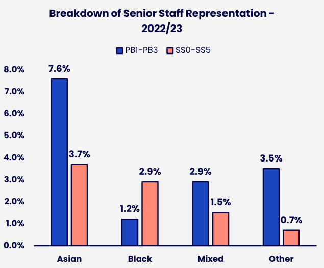 Grouped bar chart showing the representation of Asian, Black, Mixed and Other minority ethnic subgroups at senior level across the PB1-PB3 and SS0-SS5 grade groups. Details in the data table available after this graphic.