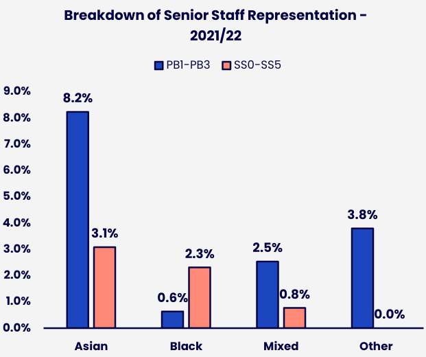 Grouped bar chart showing the representation of Asian, Black, Mixed and Other minority ethnic subgroups at senior level across the PB1-PB3 and SS0-SS5 grade groups. Details in the data table available after this graphic.