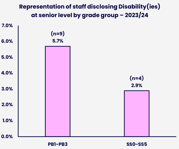 Bar chart comparing the representation of staff disclosing a disability at senior level across two grade groups in 2023/24. Details in the data table available after this graphic.