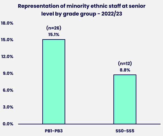 Bar chart comparing the representation of minority ethnic staff at senior level across the PB1-PB3 and SS0-SS5 grade groups. Details in the data table available after this graphic.