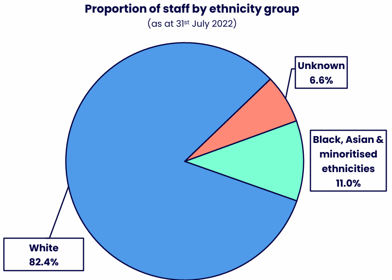 Pie chart showing the proportion of staff by ethnicity group. Details in the data table available after this graphic.