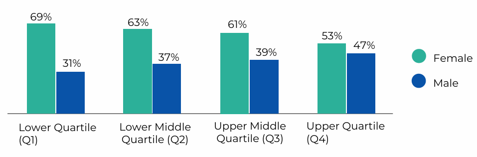 Bar chart showing the percentage distribution of females and males across four pay quartiles. A detailed description and data table are provided below.