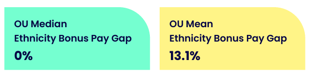 Graphic showing ethnicity bonus pay gap and bonus participation figures. A summary is below.