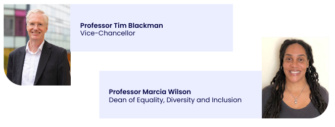 Headshots of Professor Tim Blackman, Vice-Chancellor, and Professor Marcia Wilson, Dean of Equality, Diversity and Inclusion.
