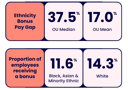 Graphic showing ethnicity bonus pay gap and bonus participation figures. A summary is below.