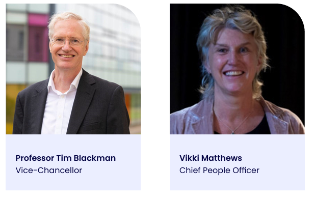 Headshots of Professor Tim Blackman, Vice-Chancellor, and Vikki Matthews, Chief People Officer.