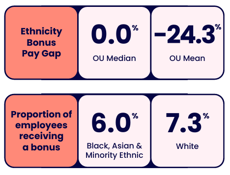 Graphic showing ethnicity bonus pay gap and bonus participation figures. A summary is below.