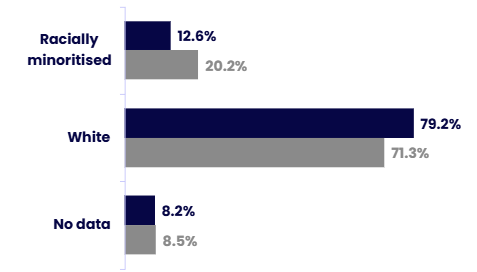 Horizontal bar chart comparing the ethnicity profile of the organisation (dark blue) with the HESA benchmark (grey). Details in the data table available after this graphic.
