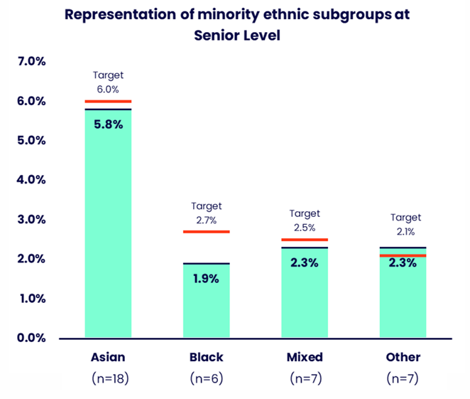 Bar chart showing the representation of four minority ethnic subgroups at senior level, with a target marker displayed for each subgroup and the number of staff represented shown beneath each category. Details in the data table available after this graphic.