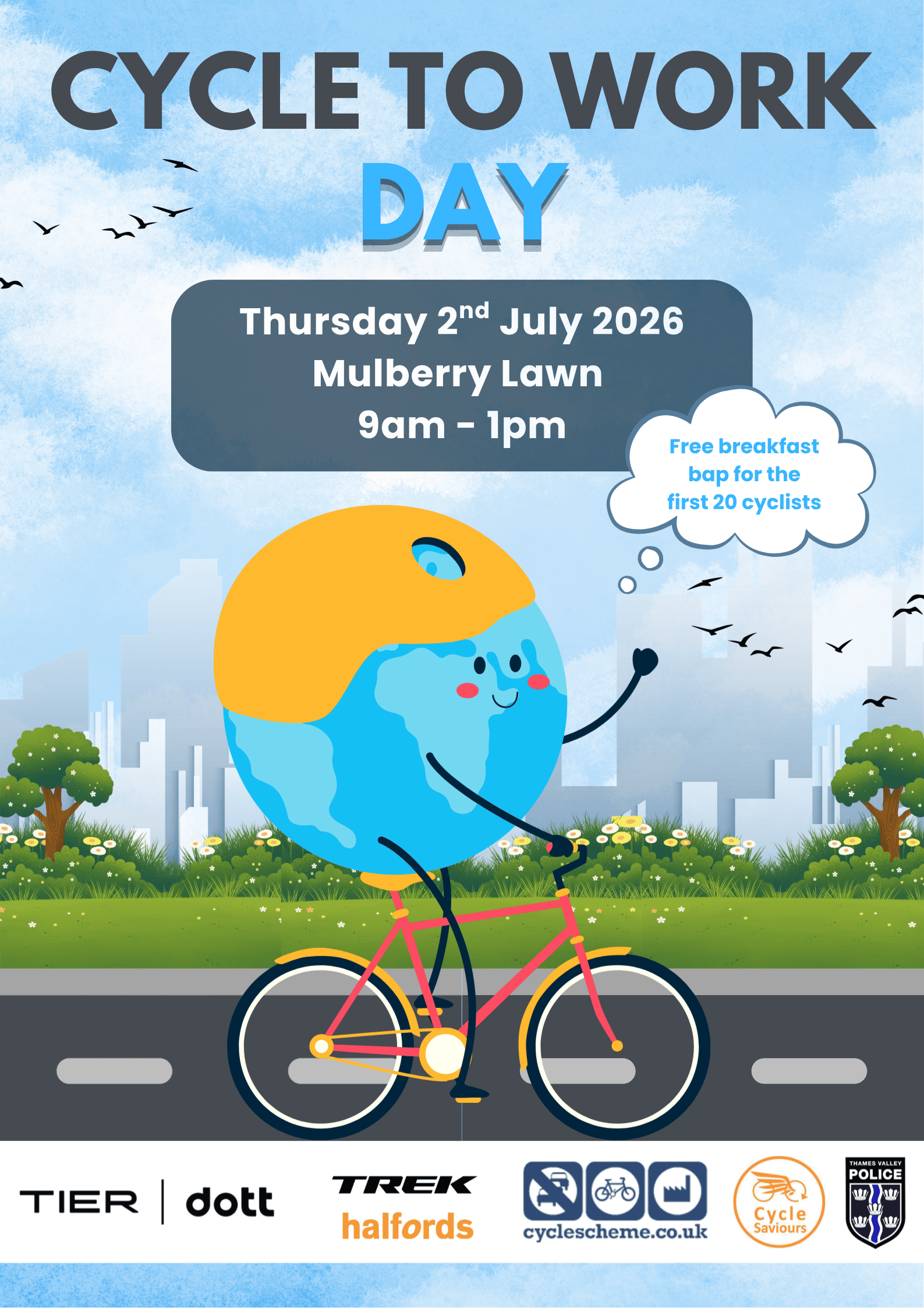 Cycle to work Day Poster with a world wearing a helment cycling down a road. Thinking about "Free breakfast for the first 20 cyclists"