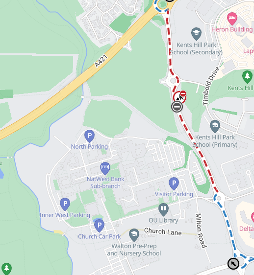 Map of the V10 Brickhill Street road closure and diversion route near The Open University Campus entrance.