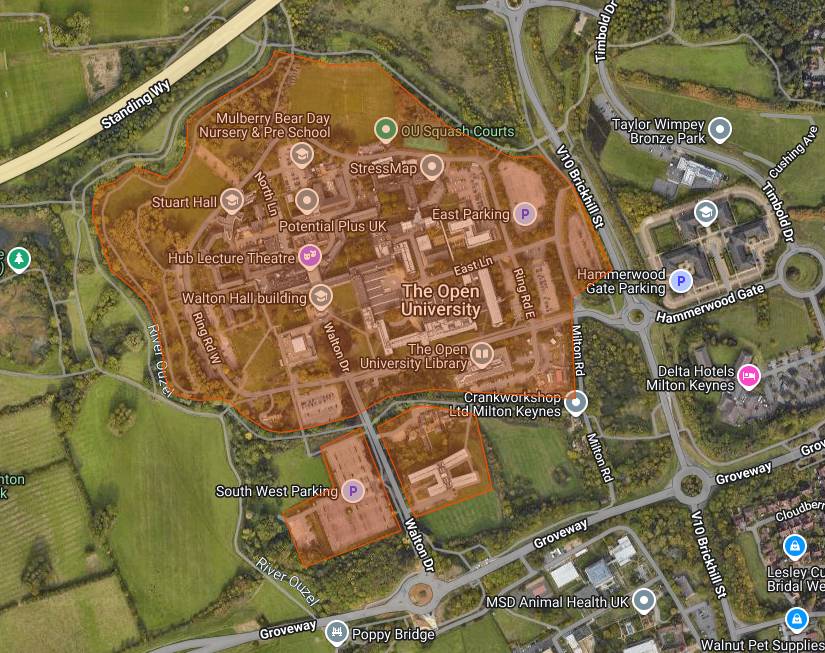 google maps picture of Walton Hall Campus, red zone over the OU showing 'No Go Areas'