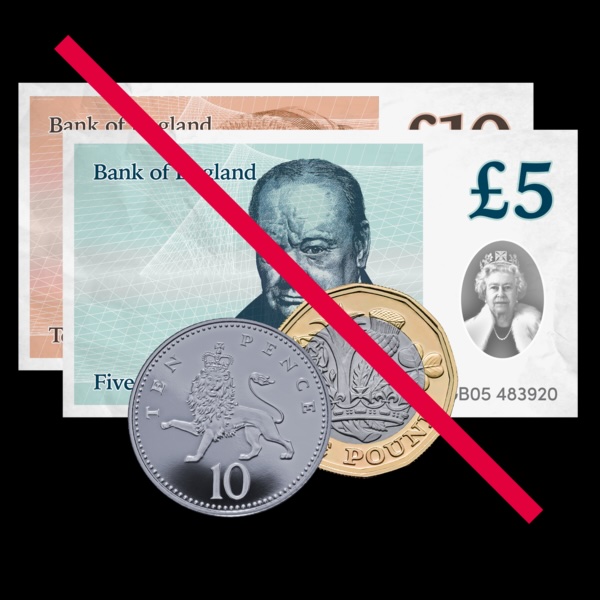 a number of banknotes and coins stacked, with a diagonal red strike over it