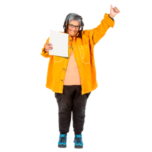 a woman happily raising a fist in the air and holding a piece of paper in a festive way