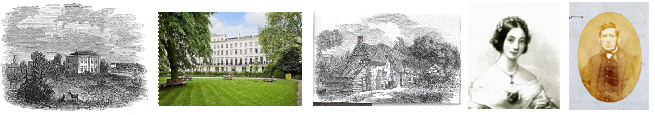 A collage of images showing line drawn buildings, a colour picture of a large building and two old photos of a man and a woman