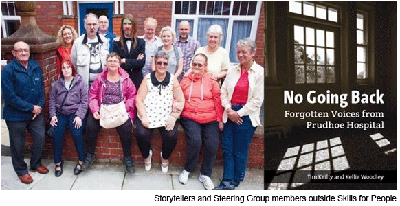 Storytellers and Steering Group members sitting on a wall and the book cover for No Going Back