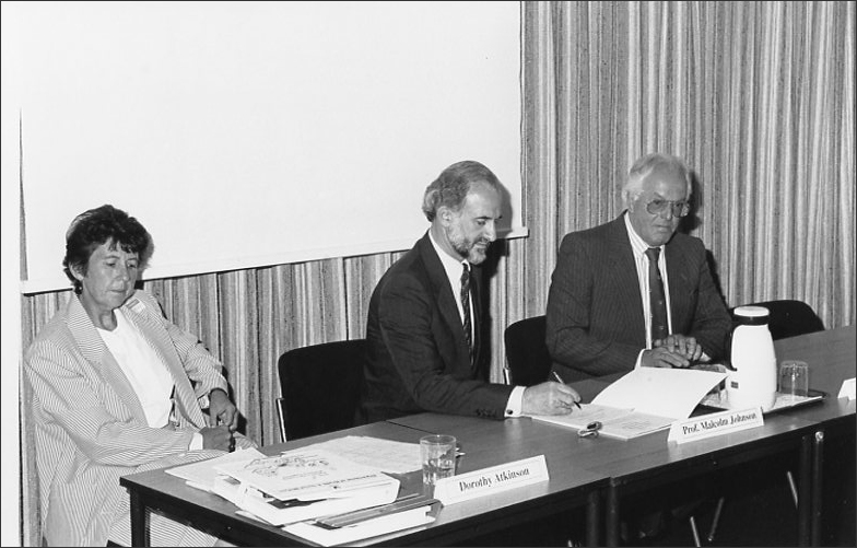 A black and white photograph showing members of the early SHLD Research Group