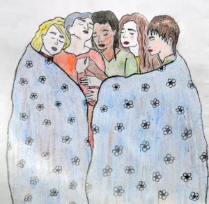 Drawing of women hugging