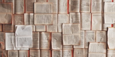 A series of open books with red covers all open and laid across the top of each other