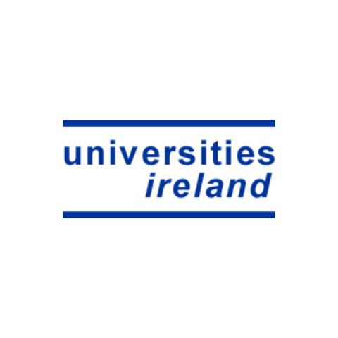 Universities Ireland logo in blue on a light grey background, featuring the words “universities ireland” in lowercase with horizontal blue lines above and below the text.