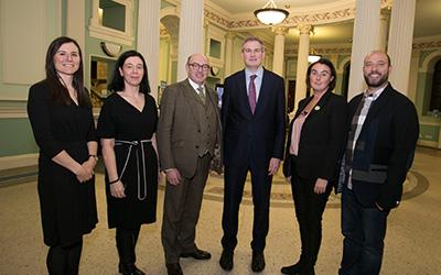 Photo: Dr Frances Morton (OU), Dr Sandra Collins (NLI), John D’Arcy (Director, OU in Ireland), Minister of State, Seán Kyne TD, Dr Mairéad Nic Giolla Mhichíl (DCU) and Fernando Rosell-Aguilar (OU).