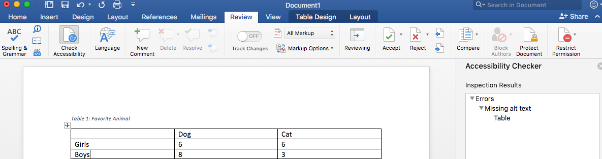 Screenshot of Accessibility Checker window open with "Error, Missing alt text, Table".