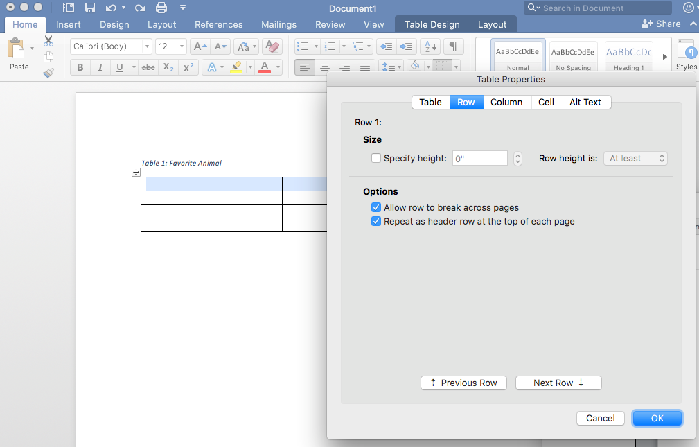 Screenshot of Table Properties Ribbon tab displaying checked Row with Repeat as header row at the top of the page.