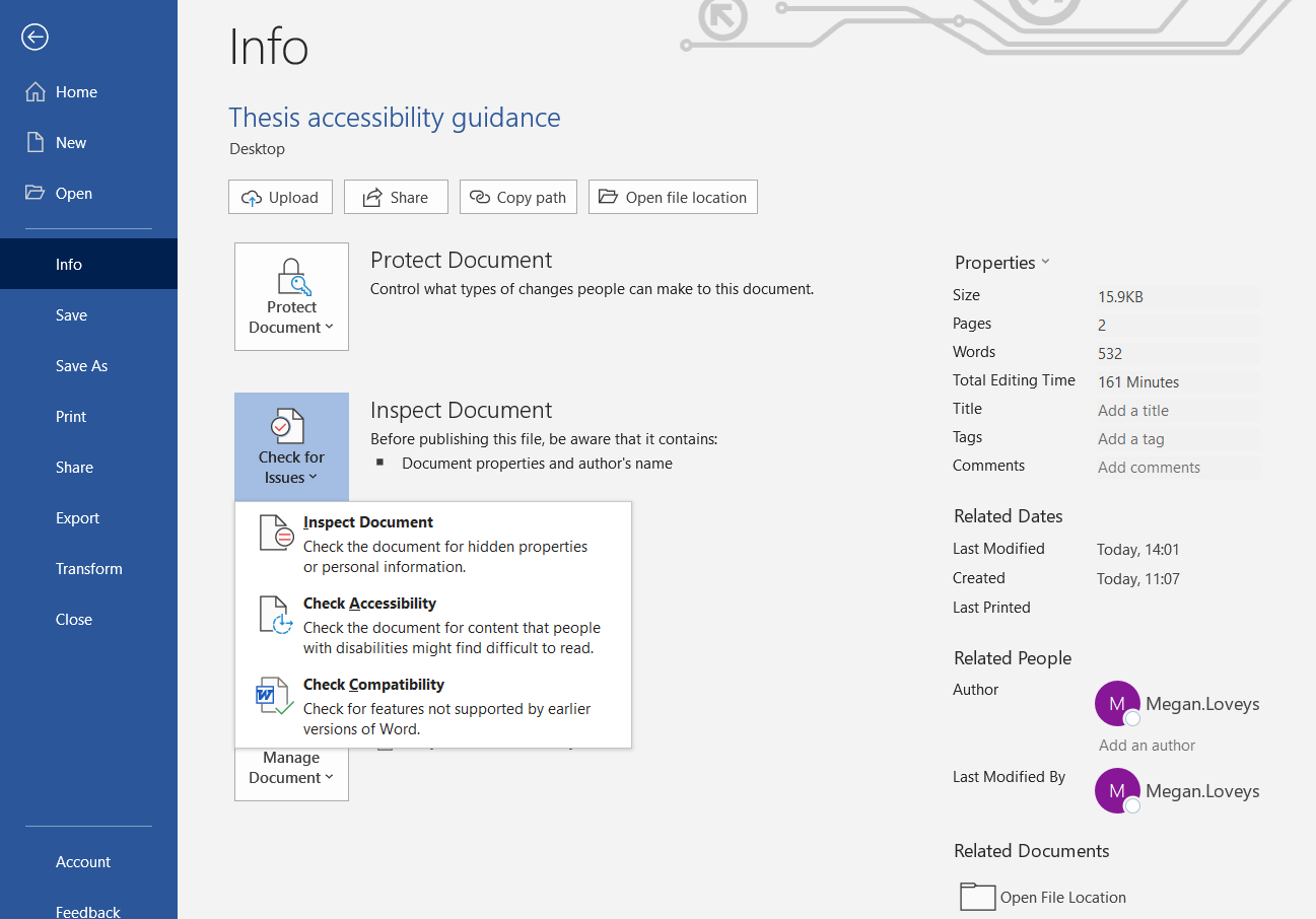 Screenshot showing where to find the check accessibility function in Microsoft Word.