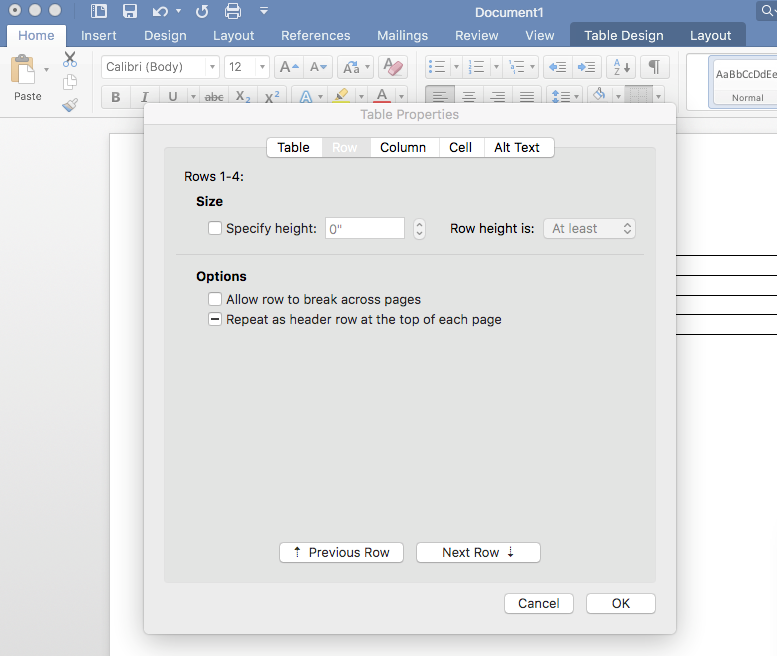 Screenshot of Table Properties with unchecked  "Allow row to break across pages."