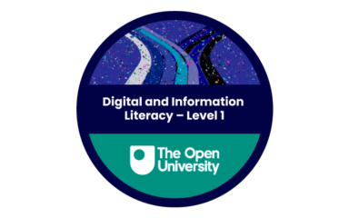 A circular badge that has the OU logo and the words, 'Digital Information Literacy - Level 1' inside of it.