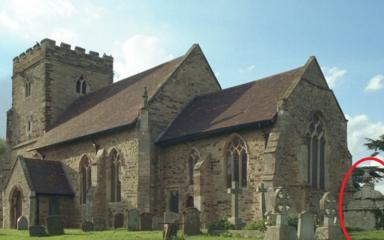 Front-view photograph of St Michael's Church at the Walton Hall campus. The area to the right is circled in red to highlight where the tomb discovery was.