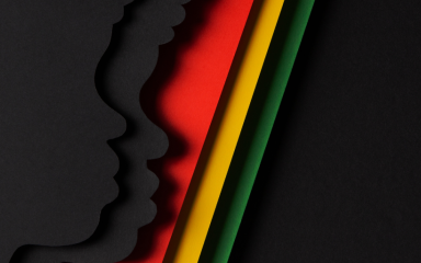 An illustration of the silhouettes of two people, on a background that features red, yellow and green stripes.