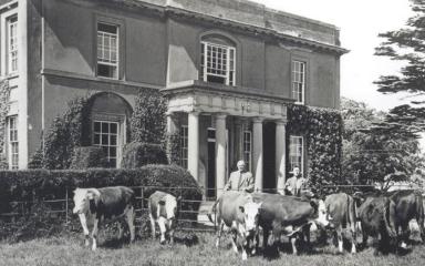 Black and white photograph taken outside Walton Hall around the 1950s/1960s, featuring Brigadier Eric Earle, who owned the estate until 1965, and the Earles' farm manager, Mr. Brown, with their herd of cows.