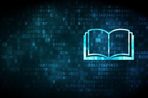 Digital image of a book floating among blue numbers