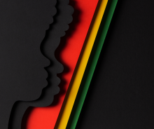 An illustration of the silhouettes of two people, on a background that features red, yellow and green stripes.