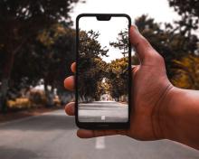 Close-up of a person's hand, holding a phone whilst taking a photo of a long road surrounded by trees