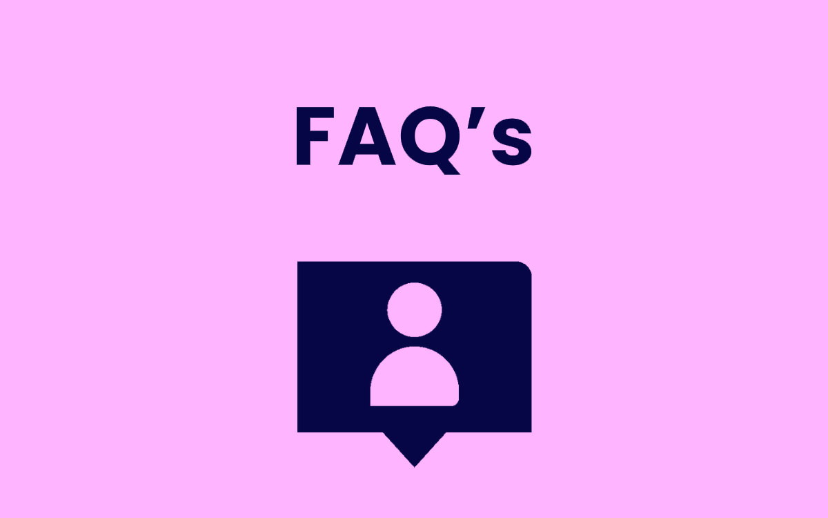 A purple box with the word 'FAQ's' above a speech box with the figure of a person.