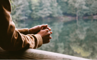 a pair of hands resting on a metal fence looking out into nature