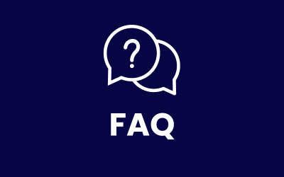 A navy background with a white speech bubble housing a question mark and text below reading 'FAQ'.