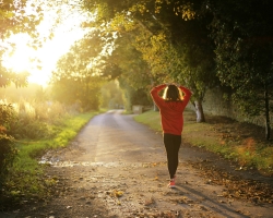 A woman walking down a path in the forest while the sun is rising