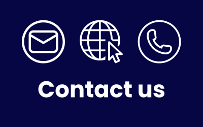 A navy background with three white symbols above some text reading 'Contact us'. From left to right the symbols are the back of an envelope within a circle, a cross pattern of lines on a sphere with a mouse clicker in the corner and a landline phone within a circle.